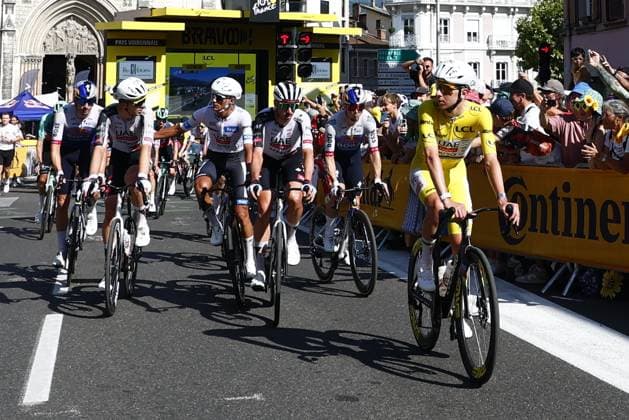 Slovenian Tadej Pogacar of UAE Team Emirates XRG crosses the finish line of stage 17 of the 2026 Tour de France cycling race, a stage of 175km from Chambery to Voiron, on Wednesday 22 July 2026. The 113th edition of the Tour de France starts on Saturday 4 July in Barcelona, Spain, and will finish in Paris, France on the 26th of July. POOLxLUCAxBETTINI  x181771892x