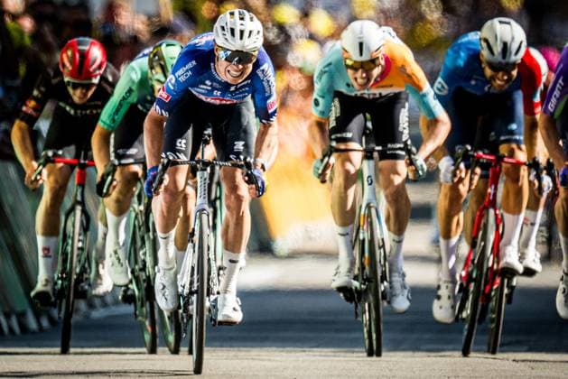 Belgian Jasper Philipsen of Alpecin-Premier Tech celebrates as he crosses the finish line to win the stage 17 of the 2026 Tour de France cycling race, a stage of 175km from Chambery to Voiron, on Wednesday 22 July 2026. The 113th edition of the Tour de France starts on Saturday 4 July in Barcelona, Spain, and will finish in Paris, France on the 26th of July. JASPERxJACOBS  x181773810x