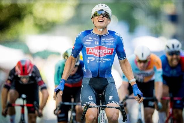 Belgian Jasper Philipsen of Alpecin-Premier Tech celebrates as he crosses the finish line to win the stage 17 of the 2026 Tour de France cycling race, a stage of 175km from Chambery to Voiron, on Wednesday 22 July 2026. The 113th edition of the Tour de France starts on Saturday 4 July in Barcelona, Spain, and will finish in Paris, France on the 26th of July. JASPERxJACOBS  x181773842x