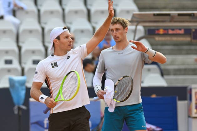 TENNIS - ATP, Tennis Herren Generali Open 2026 KITZBUEHEL,AUSTRIA,22.JUL.26 - TENNIS - ATP World Tour, Generali Open. Image shows the rejoicing of Lukas Miedler (AUT) and Marc Polmans (AUS).  GEPAxpictures xDanielxSchoenherr