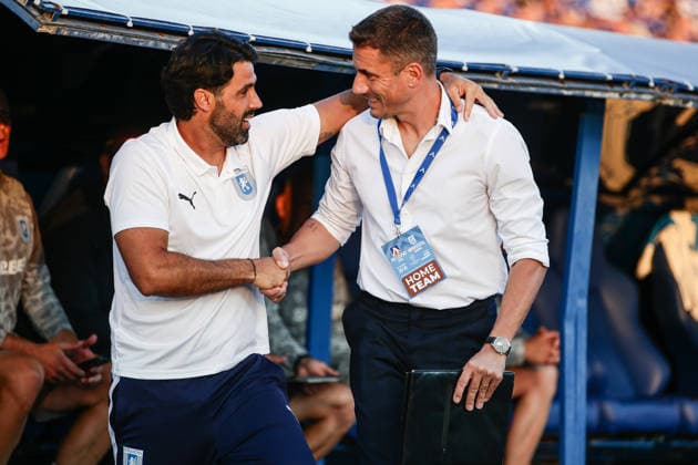 IPA86902553 - Levski and Universitatea head coaches Filipe Coelho (left) and Julio Velazquez (right) embracing before the Champions League qualifying match between PFC Levski and SC Universitatea Craiova at Vivacom Arena Georgi Asparuhov in Sofia, Bulgaria, on July 22, 2026  Copyright: xIvanxSxIvanov IPAxSportx xx 86902553