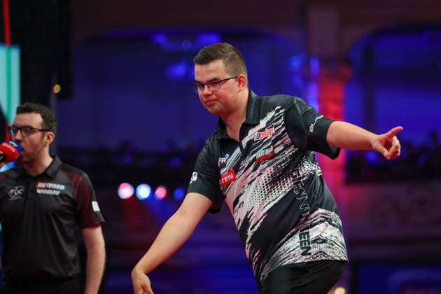 RECORD DATE NOT STATED 22nd July 2026, Winter Gardens, Blackpool, Lancashire, England; 2026 Betfred World Matchplay Darts, Day Five; Gian van Veen reacts after winning a leg during his game against Wessel Nijman AidanxHunter