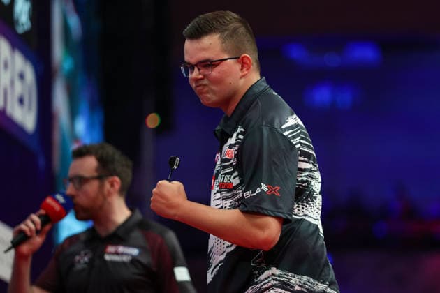 RECORD DATE NOT STATED 22nd July 2026, Winter Gardens, Blackpool, Lancashire, England; 2026 Betfred World Matchplay Darts, Day Five; Gian van Veen reacts during his game against Wessel Nijman AidanxHunter