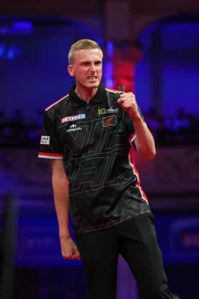 RECORD DATE NOT STATED 22nd July 2026, Winter Gardens, Blackpool, Lancashire, England; 2026 Betfred World Matchplay Darts, Day Five; Wessel Nijman reacts during his game against Gian van Veen AidanxHunter