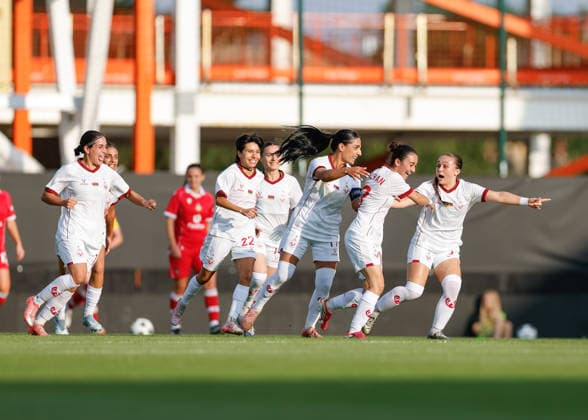 Wrexham, Wales, 22nd July 2026. Susanna Badalyan of Pyunik celebrates scoring their sides first goal during the Pyunik v Wrexham Women UEFA Womens Champions League Qualifying match at The Racecourse, Wrexham. Picture credit should read: Cody Froggatt Sportimage EDITORIAL USE ONLY. No use with unauthorised audio, video, data, fixture lists, club league logos or live services. Online in-match use limited to 120 images, no video emulation. No use in betting, games or single club league player publications. SPI_009_CF_PYUNIK_V_WREXHAM_WOMEN SPI-4881-0009