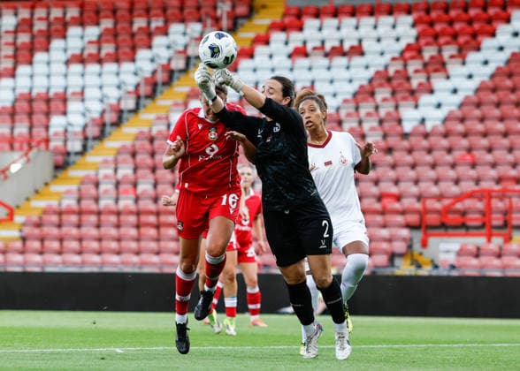 Wrexham, Wales, 22nd July 2026. Amber Lockwood of Pyunik punches the ball away during the Pyunik v Wrexham Women UEFA Womens Champions League Qualifying match at The Racecourse, Wrexham. Picture credit should read: Cody Froggatt Sportimage EDITORIAL USE ONLY. No use with unauthorised audio, video, data, fixture lists, club league logos or live services. Online in-match use limited to 120 images, no video emulation. No use in betting, games or single club league player publications. SPI_016_CF_PYUNIK_V_WREXHAM_WOMEN SPI-4881-0016