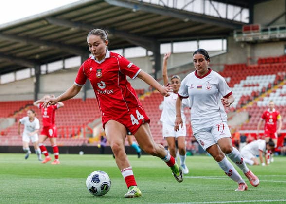Wrexham, Wales, 22nd July 2026. Faye Hillier-Knox of Wrexham in action during the Pyunik v Wrexham Women UEFA Womens Champions League Qualifying match at The Racecourse, Wrexham. Picture credit should read: Cody Froggatt Sportimage EDITORIAL USE ONLY. No use with unauthorised audio, video, data, fixture lists, club league logos or live services. Online in-match use limited to 120 images, no video emulation. No use in betting, games or single club league player publications. SPI_017_CF_PYUNIK_V_WREXHAM_WOMEN SPI-4881-0017
