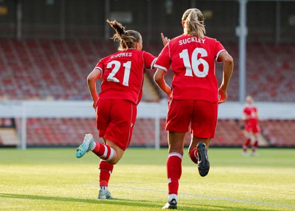 Wrexham, Wales, 22nd July 2026. Lili Jones of Wrexham celebrates scoring their sides second goal during the Pyunik v Wrexham Women UEFA Womens Champions League Qualifying match at The Racecourse, Wrexham. Picture credit should read: Cody Froggatt Sportimage EDITORIAL USE ONLY. No use with unauthorised audio, video, data, fixture lists, club league logos or live services. Online in-match use limited to 120 images, no video emulation. No use in betting, games or single club league player publications. SPI_018_CF_PYUNIK_V_WREXHAM_WOMEN SPI-4881-0018