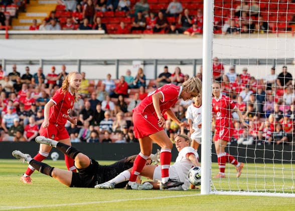 Wrexham, Wales, 22nd July 2026. Ava Suckley of Wrexham scores their sides third goal during the Pyunik v Wrexham Women UEFA Womens Champions League Qualifying match at The Racecourse, Wrexham. Picture credit should read: Cody Froggatt Sportimage EDITORIAL USE ONLY. No use with unauthorised audio, video, data, fixture lists, club league logos or live services. Online in-match use limited to 120 images, no video emulation. No use in betting, games or single club league player publications. SPI_021_CF_PYUNIK_V_WREXHAM_WOMEN SPI-4881-0021