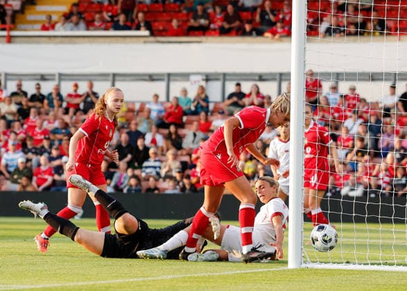 Wrexham, Wales, 22nd July 2026. Ava Suckley of Wrexham scores their sides third goal during the Pyunik v Wrexham Women UEFA Womens Champions League Qualifying match at The Racecourse, Wrexham. Picture credit should read: Cody Froggatt Sportimage EDITORIAL USE ONLY. No use with unauthorised audio, video, data, fixture lists, club league logos or live services. Online in-match use limited to 120 images, no video emulation. No use in betting, games or single club league player publications. SPI_022_CF_PYUNIK_V_WREXHAM_WOMEN SPI-4881-0022
