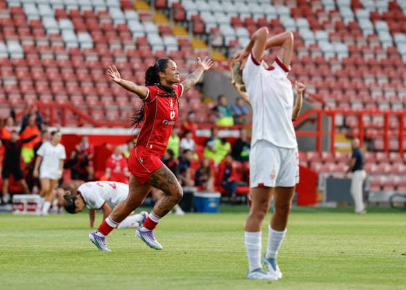 Wrexham, Wales, 22nd July 2026. Natasha Thomas of Wrexham celebrates scoring their sides fourth goal during the Pyunik v Wrexham Women UEFA Womens Champions League Qualifying match at The Racecourse, Wrexham. Picture credit should read: Cody Froggatt Sportimage EDITORIAL USE ONLY. No use with unauthorised audio, video, data, fixture lists, club league logos or live services. Online in-match use limited to 120 images, no video emulation. No use in betting, games or single club league player publications. SPI_024_CF_PYUNIK_V_WREXHAM_WOMEN SPI-4881-0024
