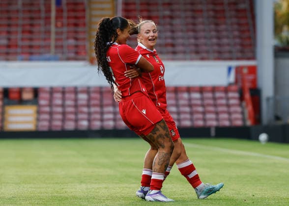 Wrexham, Wales, 22nd July 2026. Natasha Thomas of Wrexham celebrates scoring their sides fourth goal during the Pyunik v Wrexham Women UEFA Womens Champions League Qualifying match at The Racecourse, Wrexham. Picture credit should read: Cody Froggatt Sportimage EDITORIAL USE ONLY. No use with unauthorised audio, video, data, fixture lists, club league logos or live services. Online in-match use limited to 120 images, no video emulation. No use in betting, games or single club league player publications. SPI_026_CF_PYUNIK_V_WREXHAM_WOMEN SPI-4881-0026