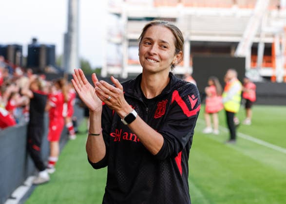 Wrexham, Wales, 22nd July 2026. Jenny Sugarman manager of Wrexham celebrates the full time result following the Pyunik v Wrexham Women UEFA Womens Champions League Qualifying match at The Racecourse, Wrexham. Picture credit should read: Cody Froggatt Sportimage EDITORIAL USE ONLY. No use with unauthorised audio, video, data, fixture lists, club league logos or live services. Online in-match use limited to 120 images, no video emulation. No use in betting, games or single club league player publications. SPI_029_CF_PYUNIK_V_WREXHAM_WOMEN SPI-4881-0029