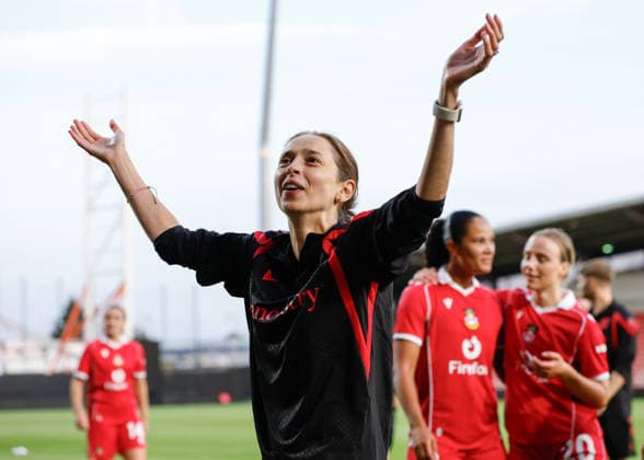 Wrexham, Wales, 22nd July 2026. Jenny Sugarman manager of Wrexham celebrates the full time result following the Pyunik v Wrexham Women UEFA Womens Champions League Qualifying match at The Racecourse, Wrexham. Picture credit should read: Cody Froggatt Sportimage EDITORIAL USE ONLY. No use with unauthorised audio, video, data, fixture lists, club league logos or live services. Online in-match use limited to 120 images, no video emulation. No use in betting, games or single club league player publications. SPI_030_CF_PYUNIK_V_WREXHAM_WOMEN SPI-4881-0030