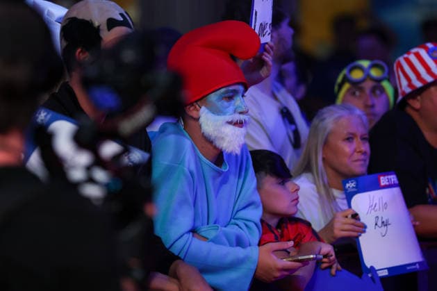 RECORD DATE NOT STATED 22nd July 2026, Winter Gardens, Blackpool, Lancashire, England; 2026 Betfred World Matchplay Darts, Day Five; A fan dressed as a Smurf AidanxHunter