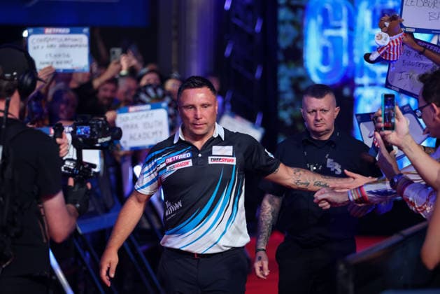 RECORD DATE NOT STATED 22nd July 2026, Winter Gardens, Blackpool, Lancashire, England; 2026 Betfred World Matchplay Darts, Day Five; Gerwyn Price during his walk on AidanxHunter