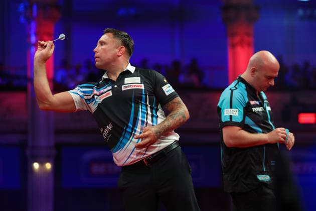 RECORD DATE NOT STATED 22nd July 2026, Winter Gardens, Blackpool, Lancashire, England; 2026 Betfred World Matchplay Darts, Day Five; Gerwyn Price in action at the oche during his game against Rob Cross AidanxHunter