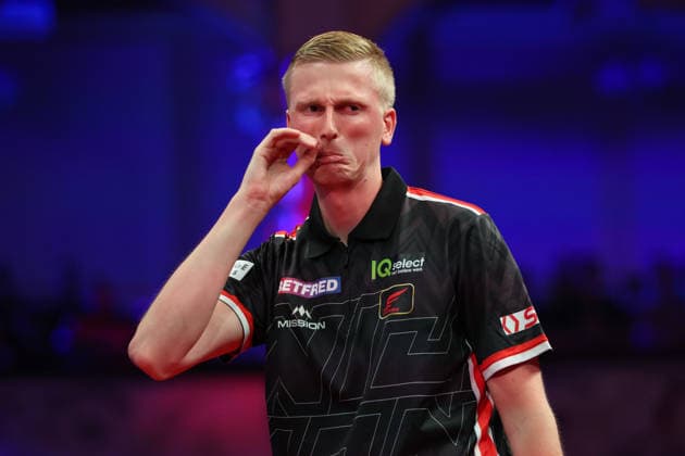 RECORD DATE NOT STATED 22nd July 2026, Winter Gardens, Blackpool, Lancashire, England; 2026 Betfred World Matchplay Darts, Day Five; Wessel Nijman reacts after missing a dart during his game against Gian van Veen AidanxHunter