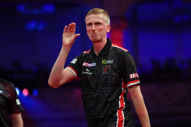 RECORD DATE NOT STATED 22nd July 2026, Winter Gardens, Blackpool, Lancashire, England; 2026 Betfred World Matchplay Darts, Day Five; Wessel Nijman reacts after missing a dart during his game against Gian van Veen AidanxHunter