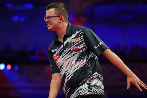 RECORD DATE NOT STATED 22nd July 2026, Winter Gardens, Blackpool, Lancashire, England; 2026 Betfred World Matchplay Darts, Day Five; Gian van Veen reacts during his game against Wessel Nijman AidanxHunter