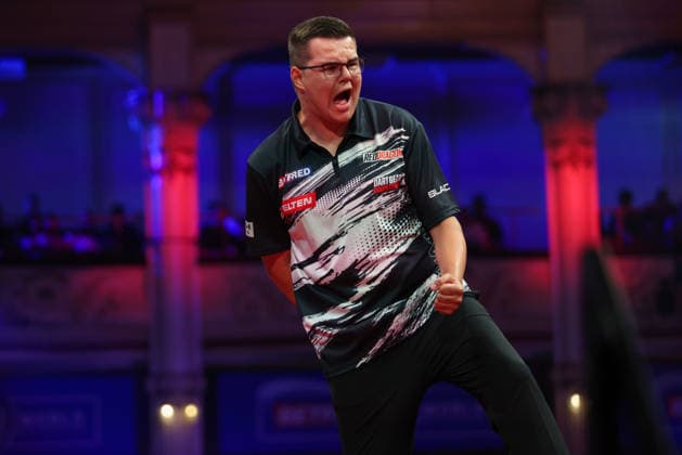 RECORD DATE NOT STATED 22nd July 2026, Winter Gardens, Blackpool, Lancashire, England; 2026 Betfred World Matchplay Darts, Day Five; Gian van Veen celebrates after winning a leg in his game against Wessel Nijman AidanxHunter