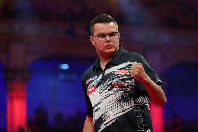 RECORD DATE NOT STATED 22nd July 2026, Winter Gardens, Blackpool, Lancashire, England; 2026 Betfred World Matchplay Darts, Day Five; Gian van Veen celebrates after winning a leg in his game against Wessel Nijman AidanxHunter