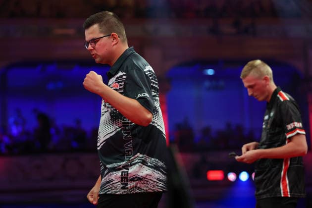 RECORD DATE NOT STATED 22nd July 2026, Winter Gardens, Blackpool, Lancashire, England; 2026 Betfred World Matchplay Darts, Day Five; Gian van Veen celebrates after winning a leg in his game against Wessel Nijman AidanxHunter