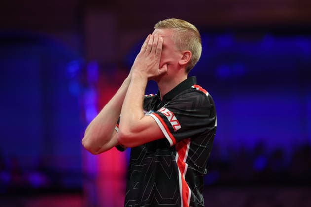 RECORD DATE NOT STATED 22nd July 2026, Winter Gardens, Blackpool, Lancashire, England; 2026 Betfred World Matchplay Darts, Day Five; Wessel Nijman looks dejected after missing a dart in his game against Gian van Veen AidanxHunter