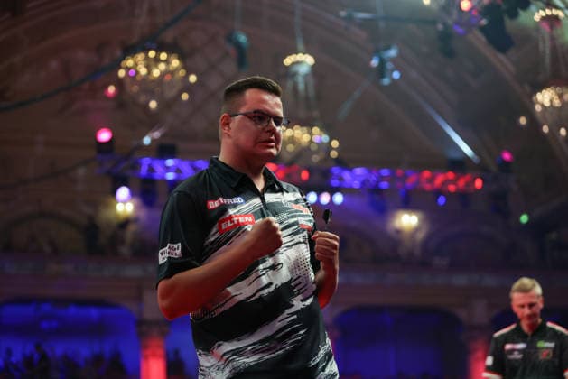 RECORD DATE NOT STATED 22nd July 2026, Winter Gardens, Blackpool, Lancashire, England; 2026 Betfred World Matchplay Darts, Day Five; Gian van Veen celebrates after winning his game against Wessel Nijman AidanxHunter