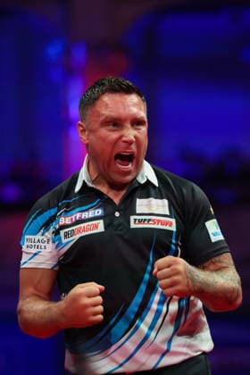 RECORD DATE NOT STATED 22nd July 2026, Winter Gardens, Blackpool, Lancashire, England; 2026 Betfred World Matchplay Darts, Day Five; Gerwyn Price reacts during his game against Rob Cross AidanxHunter