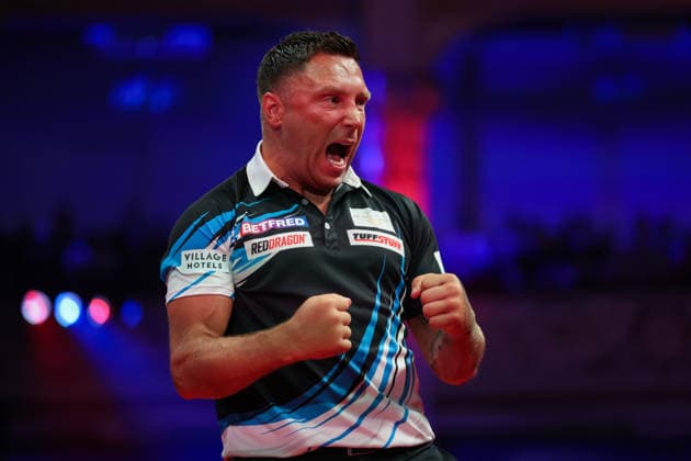 RECORD DATE NOT STATED 22nd July 2026, Winter Gardens, Blackpool, Lancashire, England; 2026 Betfred World Matchplay Darts, Day Five; Gerwyn Price reacts during his game against Rob Cross AidanxHunter