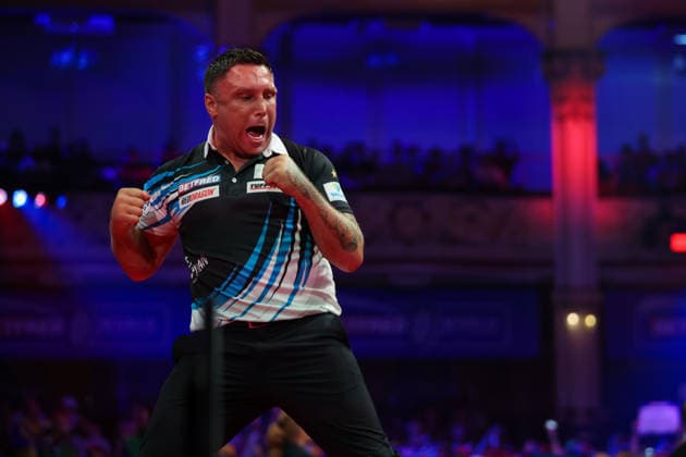 RECORD DATE NOT STATED 22nd July 2026, Winter Gardens, Blackpool, Lancashire, England; 2026 Betfred World Matchplay Darts, Day Five; Gerwyn Price reacts during his game against Rob Cross AidanxHunter
