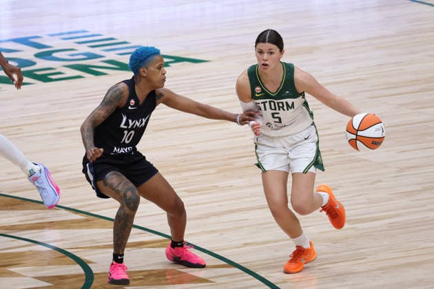 July 22, 2026, Seattle, Washington, USA: Seattle Storm guard JADE MELBOURNE (5) controls the ball while defended by Minnesota Lynx guard COURTNEY WILLIAMS (10) in the third quarter of the WNBA, Basketball Damen, USA match between the Seattle Storm and Minnesota Lynx at Climate Pledge Arena in Seattle. WNBA 2026: Minnesota 86:76 Seattle  - ZUMAd218 20260722_zsp_d218_008 Copyright: xRichardxDizonx