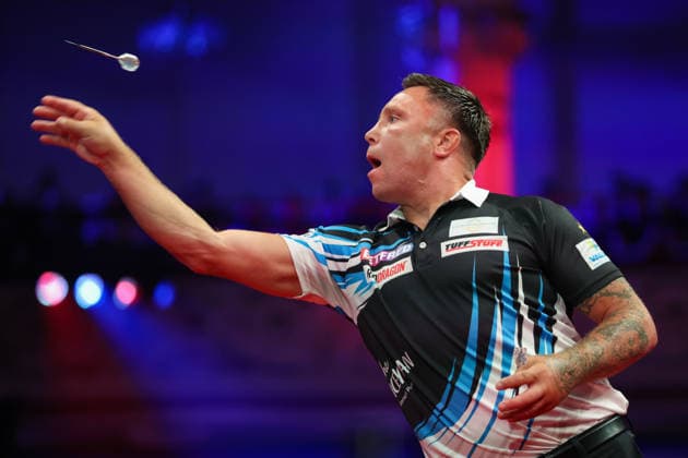 RECORD DATE NOT STATED 22nd July 2026, Winter Gardens, Blackpool, Lancashire, England; 2026 Betfred World Matchplay Darts, Day Five; Gerwyn Price in action at the oche during his game against Rob Cross AidanxHunter