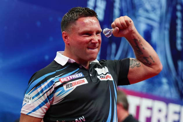 RECORD DATE NOT STATED 22nd July 2026, Winter Gardens, Blackpool, Lancashire, England; 2026 Betfred World Matchplay Darts, Day Five; Gerwyn Price celebrates after winning his game against Rob Cross AidanxHunter