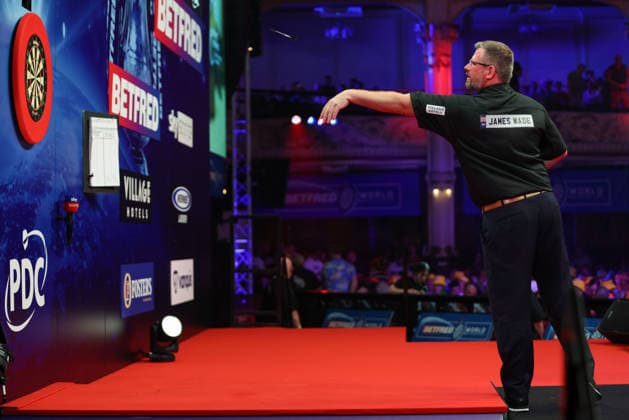 RECORD DATE NOT STATED 22nd July 2026, Winter Gardens, Blackpool, Lancashire, England; 2026 Betfred World Matchplay Darts, Day Five; James Wade in action during the break interval AidanxHunter