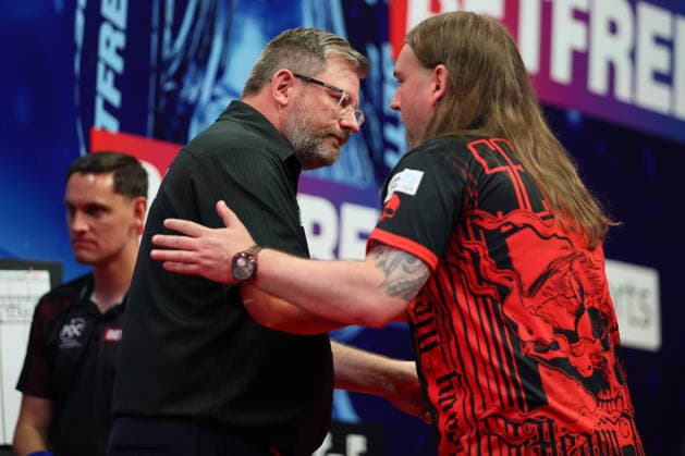 RECORD DATE NOT STATED 22nd July 2026, Winter Gardens, Blackpool, Lancashire, England; 2026 Betfred World Matchplay Darts, Day Five; James Wade and Ryan Searle following the game in which James Wade won AidanxHunter