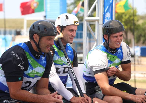July 22, 2026, Oklahoma City, Oklahoma, USA: RYAN WESTLEY, ADAM BURGESS, PETER LINKSTED of Great Britain gold medalist of Men s Canoe Teams on 2026 ICF Canoe Slalom World Championships, Oklahoma City, USA. ICF Canoe Slalom World Championships 2026 - Ryan Westley, Adam Burgess, Peter Linksted  - ZUMAc278 20260722_zsp_c278_001 Copyright: xMarcinxCholewinskix