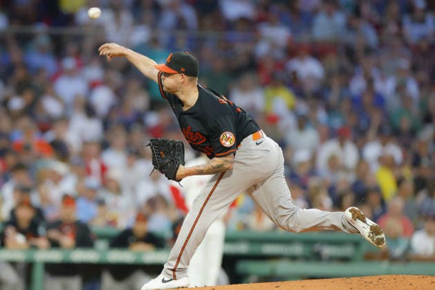 Baltimore Orioles pitcher Kyle Bradish delivers a pitch during the third inning against the Boston Red Sox at Fenway Park in Boston, Massachusetts on Wednesday, July 22, 2026.  BOP20260722010 CJxGUNTHER
