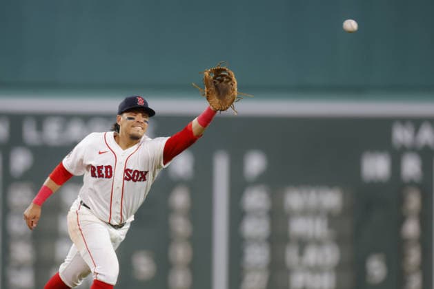 The ball gets past Boston Red Sox second baseman Anthony Seigler during the fourth inning against the Baltimore Orioles at Fenway Park in Boston, Massachusetts on Wednesday, July 22, 2026.  BOP20260722013 CJxGUNTHER