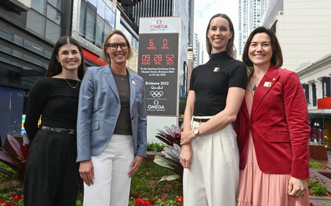 BRISBANE 2032 OLYMPICS, Australian Olympians (left to right) Danielle Tischljar, Susie O Neill , Emma McKeon and Anna Meares are seen at the unveiling of the count-down clock marking 6 years until the Brisbane 2032 Olympics, in the Queen Street Mall in Brisbane, Thursday, July 23, 2026. ( NO ARCHIVING BRISBANE QUEENSLAND AUSTRALIA  Copyright: xDARRENxENGLANDx 20260723159835032226