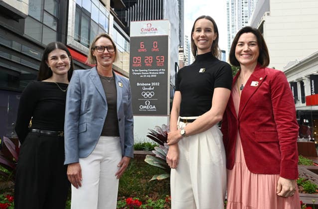 BRISBANE 2032 OLYMPICS, Australian Olympians (left to right) Danielle Tischljar, Susie O Neill , Emma McKeon and Anna Meares are seen at the unveiling of the count-down clock marking 6 years until the Brisbane 2032 Olympics, in the Queen Street Mall in Brisbane, Thursday, July 23, 2026. ( NO ARCHIVING BRISBANE QUEENSLAND AUSTRALIA  Copyright: xDARRENxENGLANDx 20260723159937283815