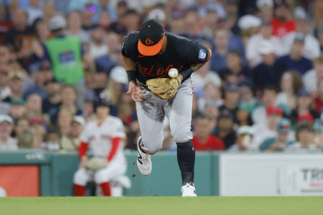Baltimore Orioles third baseman Christian Encarnacion-Strand bobbles the ball during the seventh inning against the Boston Red Sox at Fenway Park in Boston, Massachusetts on Wednesday, July 22, 2026.  BOP20260722222 CJxGUNTHER
