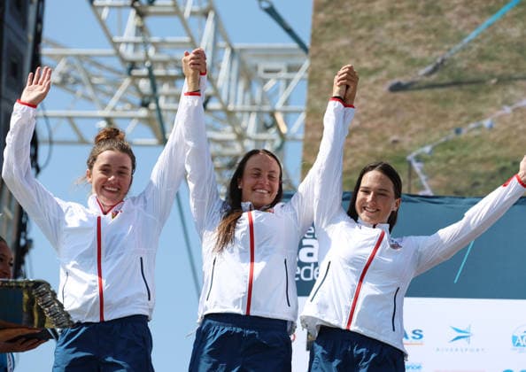 July 22, 2026, Oklahoma City, Oklahoma, USA: ADRIANA MORENOVA, MARTINA SATKOVA, TEREZA KNEBLOVA of Czech Republic silver medalist of Women s Canoe Teams on 2026 ICF Canoe Slalom World Championships, Oklahoma City, USA. ICF Canoe Slalom World Championships 2026 - Adriana Morenova, Martina Satkova, Tereza Kneblova  - ZUMAc278 20260722_zsp_c278_005 Copyright: xMarcinxCholewinskix