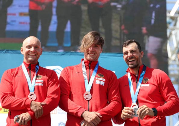 July 22, 2026, Oklahoma City, Oklahoma, USA: TIMO TRUMMER, LENNARD TUCHSCHERER, SIDERIS TASIADIS of Germany bronze medalist of Men s Canoe Teams on 2026 ICF Canoe Slalom World Championships, Oklahoma City, USA. ICF Canoe Slalom World Championships 2026 - Timo Trummer, Lennard Tuchscherer, Sideris Tasiadis  - ZUMAc278 20260722_zsp_c278_009 Copyright: xMarcinxCholewinskix