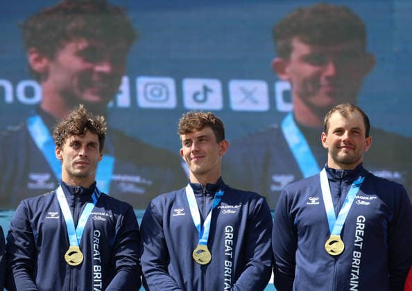 July 22, 2026, Oklahoma City, Oklahoma, USA: RYAN WESTLEY, ADAM BURGESS, PETER LINKSTED of Great Britain gold medalist of Men s Canoe Teams on 2026 ICF Canoe Slalom World Championships, Oklahoma City, USA. ICF Canoe Slalom World Championships 2026 - Ryan Westley, Adam Burgess, Peter Linksted  - ZUMAc278 20260722_zsp_c278_010 Copyright: xMarcinxCholewinskix