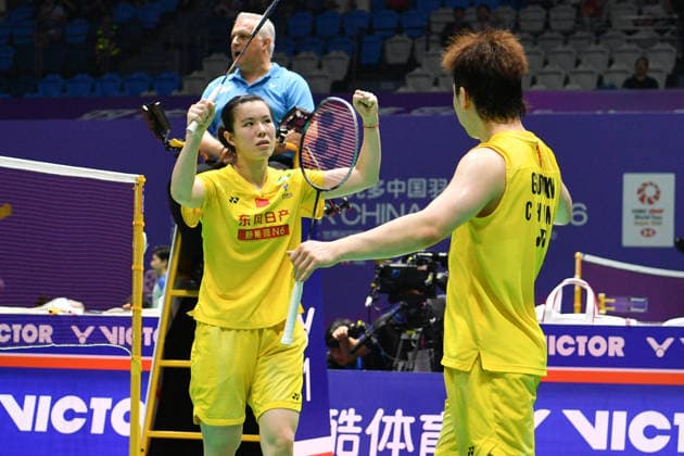 CHANGZHOU, CHINA - JULY 23: Guo Xinwa and Chen Fanghui of China react in the Mixed Doubles Round of 16 match against Goh Soon Huat and Shevon Jemie Lai of Malaysia on day 3 of the China Open 2026 at Changzhou Olympic Sports Center Gymnasium on July 23, 2026 in Changzhou, Jiangsu Province of China.  Copyright: xVCGx 111655927004