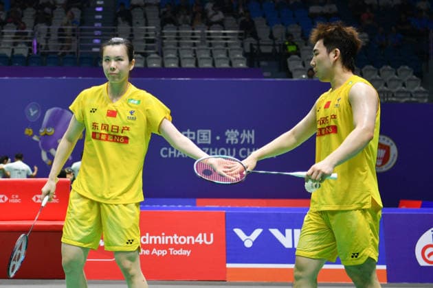 CHANGZHOU, CHINA - JULY 23: Guo Xinwa and Chen Fanghui of China react in the Mixed Doubles Round of 16 match against Goh Soon Huat and Shevon Jemie Lai of Malaysia on day 3 of the China Open 2026 at Changzhou Olympic Sports Center Gymnasium on July 23, 2026 in Changzhou, Jiangsu Province of China.  Copyright: xVCGx 111655927000