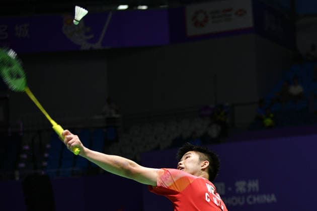 CHANGZHOU, CHINA - JULY 23: Weng Hongyang of China competes in the Men s Singles Round of 16 match against Leong Jun Hao of Malaysia on day 3 of the China Open 2026 at Changzhou Olympic Sports Center Gymnasium on July 23, 2026 in Changzhou, Jiangsu Province of China.  Copyright: xVCGx 111655939257