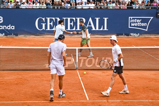 TENNIS - ATP, Tennis Herren Generali Open 2026 KITZBUEHEL,AUSTRIA,23.JUL.26 - TENNIS - ATP World Tour, Generali Open. Image shows Joel Schwaerzler (AUT), Pierre Hugues Herbert (FRA), Kevin Krawietz (GER) and Joel Schwaerzler (AUT).  GEPAxpictures xDanielxSchoenherr